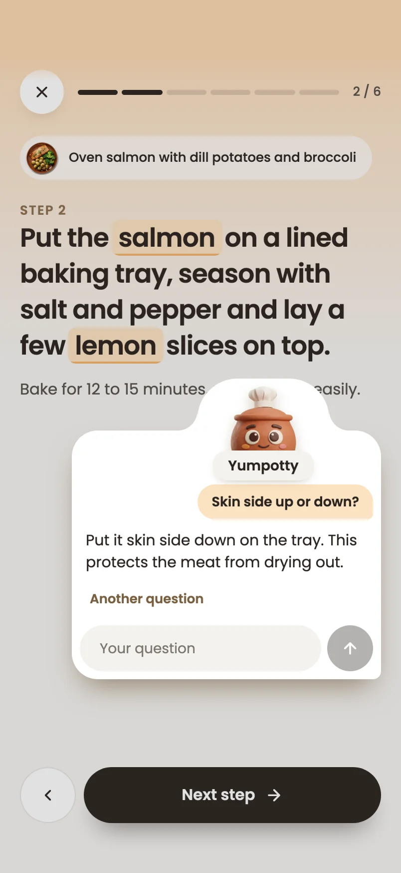 The helper in Yumpot answering a question about a cooking step