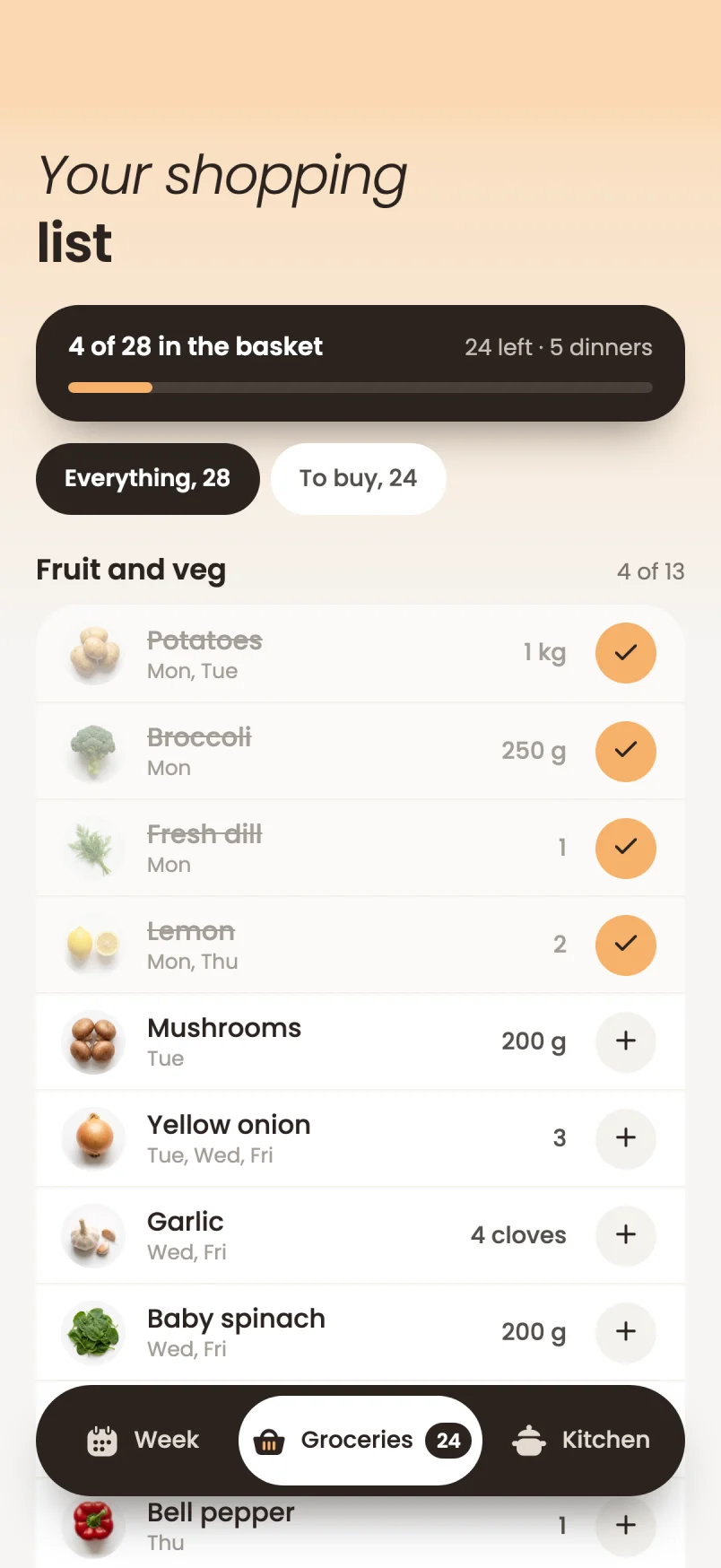 The shopping list in Yumpot with four products already in the basket