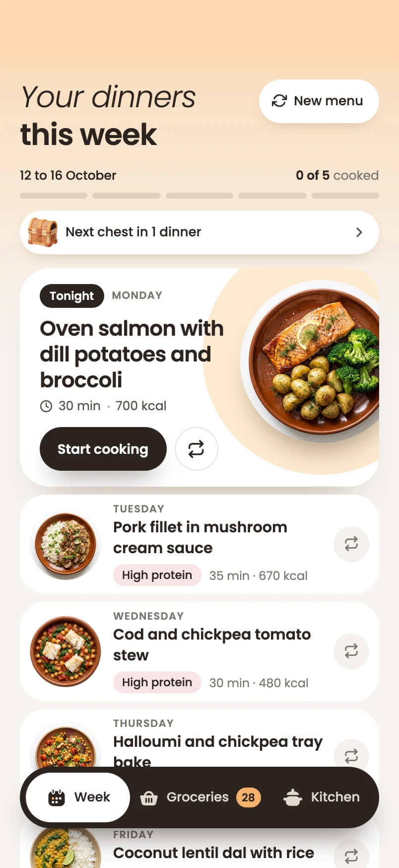 The week screen of Yumpot: tonight's dinner on top, the rest of the week below